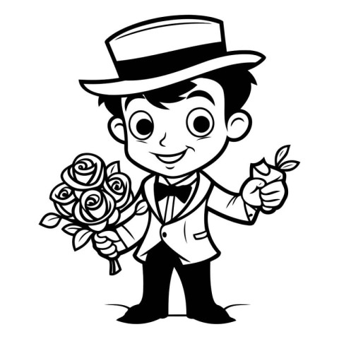 Groom with roses - Black and White Cartoon Illustration. Vector