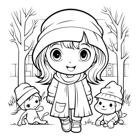 Black and White Cartoon Illustration of Cute Little Girl or Kid