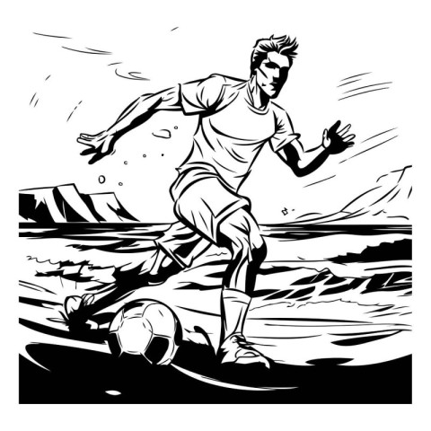 Soccer player with ball. Black and white illustration ready for