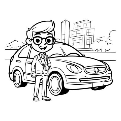 Businessman with car on the city street. Vector cartoon illustra