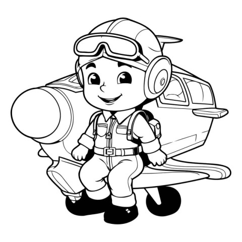 Black and White Cartoon Illustration of a Kid Boy in a Pilot Cos