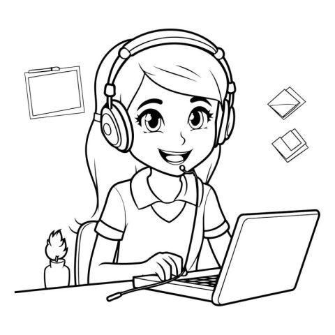 Teenager girl with laptop and headphones design. Call online con