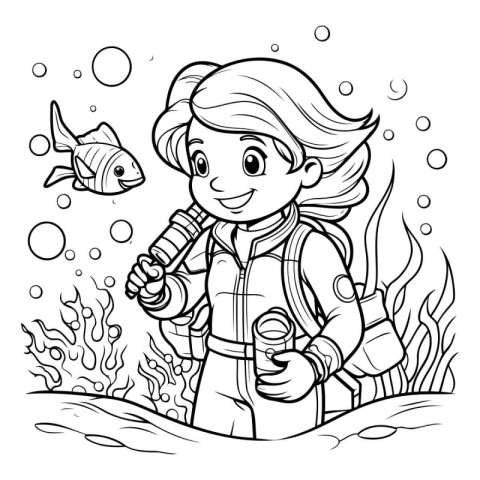 Coloring Page Outline Of a Cute Little Girl in Aquarium