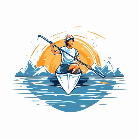 Man rowing a boat on the lake. Vector illustration in retro styl