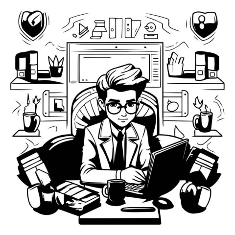 Vector illustration of a businessman working at a computer in th