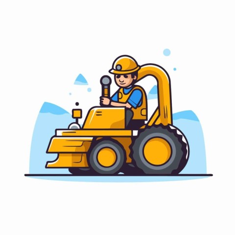 Cartoon construction worker with excavator. Vector illustration