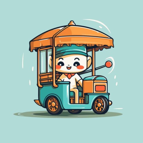 Cute cartoon chef riding a tuk-tuk. Vector illustration.