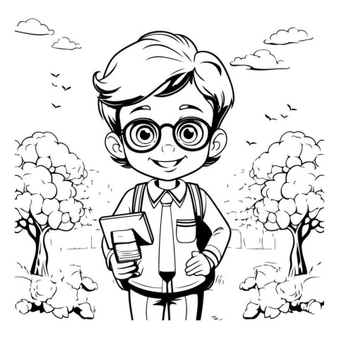 Black and White Cartoon Illustration of Kid Boy in Glasses with