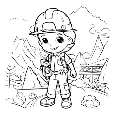 Black and White Cartoon Illustration of Cute Little Boy Scout or