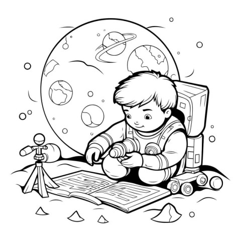 Cute little boy exploring the outer space. Black and white vecto