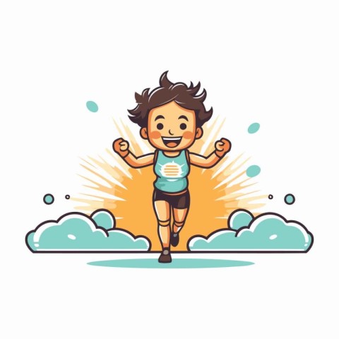 Cute little boy running in the clouds. Vector cartoon illustrati