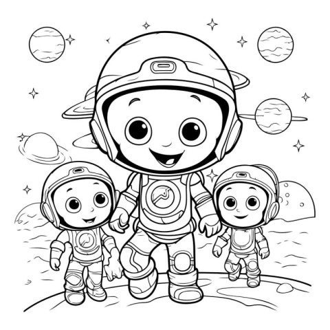 Cartoon astronaut and his children. Coloring book for kids.