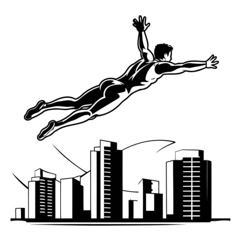 Vector illustration of a man jumping over skyscrapers in the cit