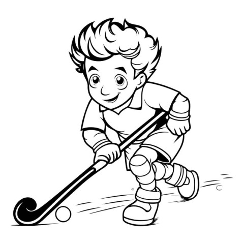 Hockey Player - Black and White Cartoon Illustration. Vector Art