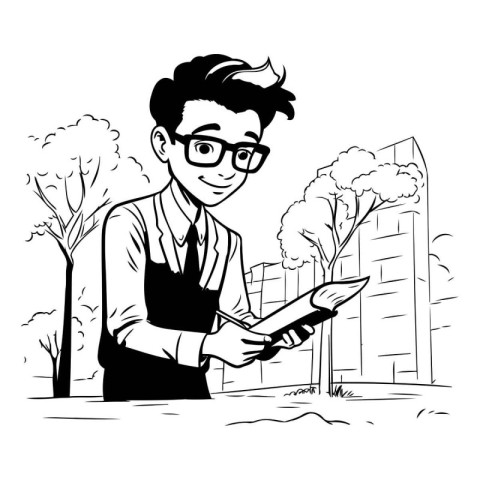 Vector illustration of a young man reading a book in the park.