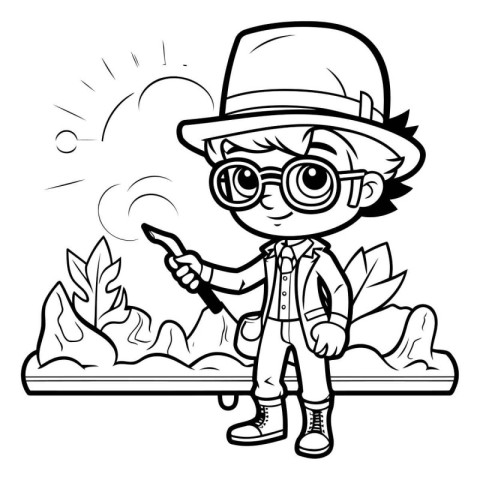 Black and White Cartoon Illustration of Kid Boy Scout or Explore