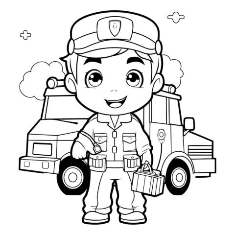 Black and White Cartoon Illustration of Little Fireman or Firema