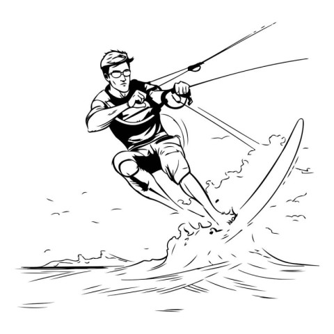 Kitesurfing - black and white vector illustration of a man ridin