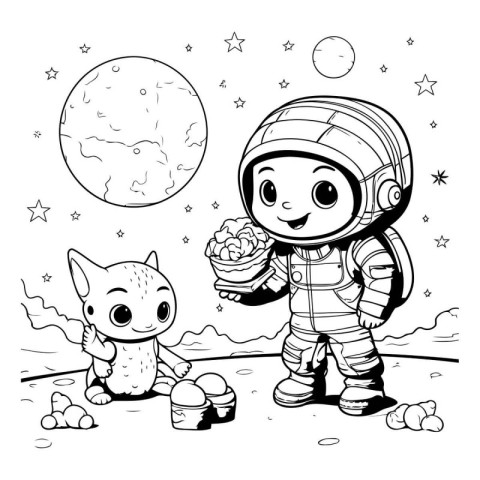 Little boy and dog in astronaut suit. Black and white vector ill