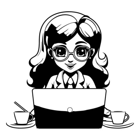 Businesswoman with laptop and cup of coffee cartoon vector illus