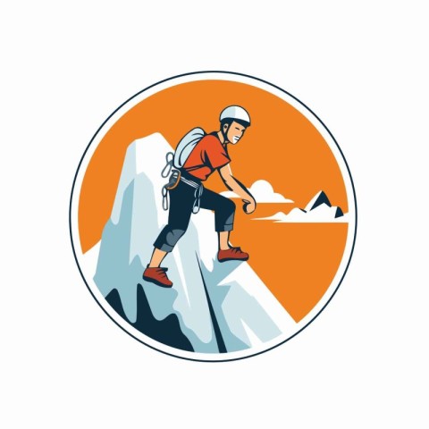 Vector illustration of a mountaineer climbing on a mountain peak