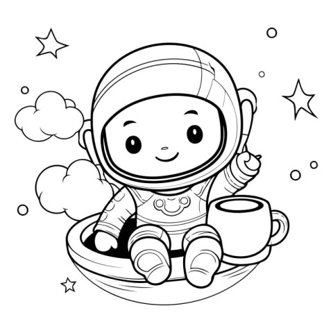 Coloring book for children: astronaut sitting in a bowl of coffe