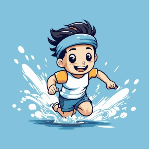 Cartoon little boy running in a splash of water. Vector illustra