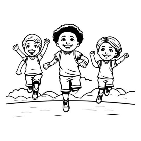 Children running in the park. Black and white vector illustratio