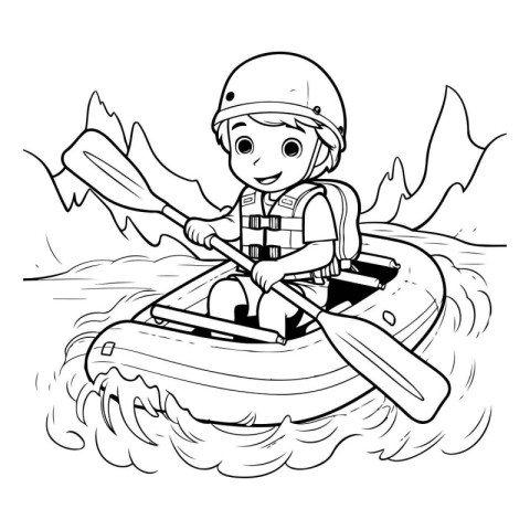 Black and White Cartoon Illustration of Kid Rafting on Canoe or