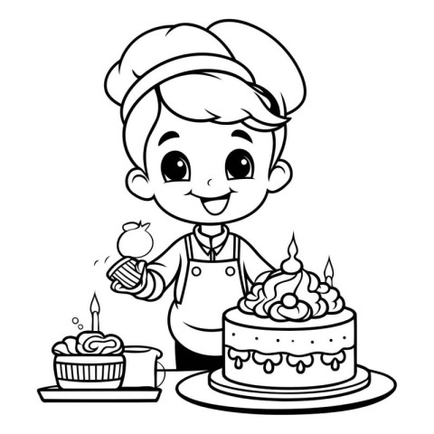 Black and White Cartoon Illustration of Cute Little Boy Chef Cha