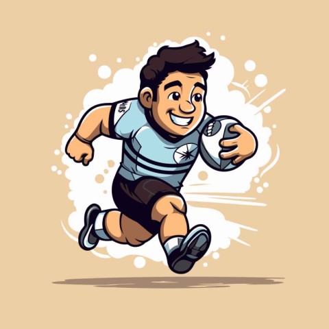 Cartoon rugby player running with ball. Vector illustration for