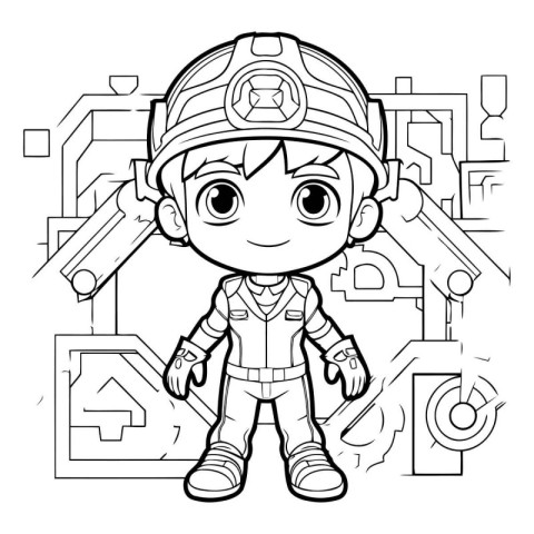 Black and White Cartoon Illustration of Cute Little Firefighter