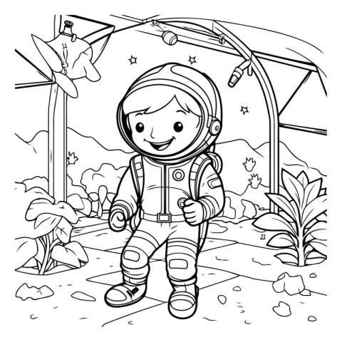 Coloring Page Outline Of a Kid Astronaut Wearing Spacesuit