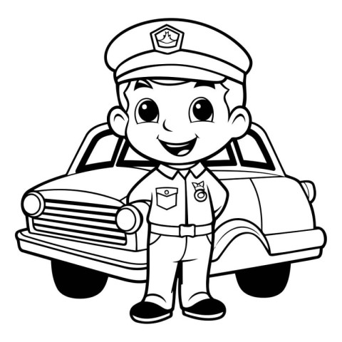 Black and White Cartoon Illustration of a Little Police Officer