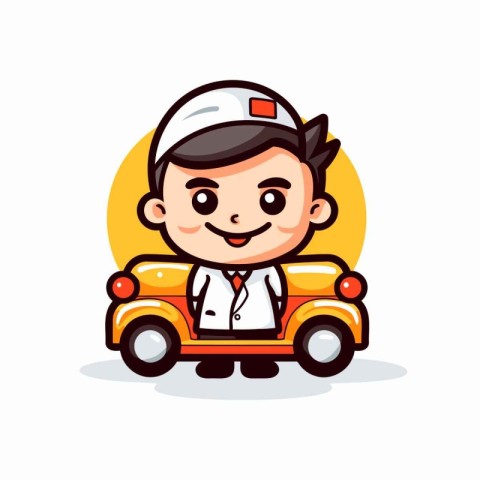 School Boy Driver - Cute and Funny Cartoon Style Vector Illustra