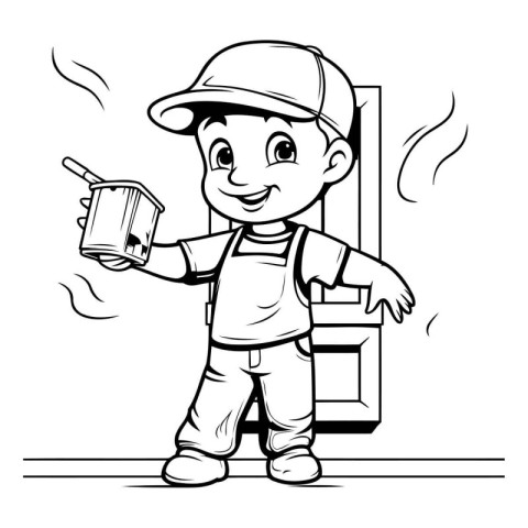 Black and White Cartoon Illustration of Little Boy Holding a Fir