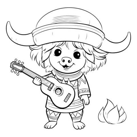 Coloring Page Outline Of Cute Cartoon Ox With Ukulele