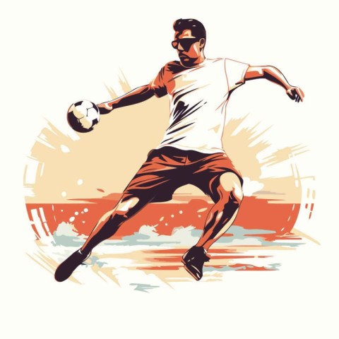 Soccer player with ball on the beach. Hand drawn vector illustra