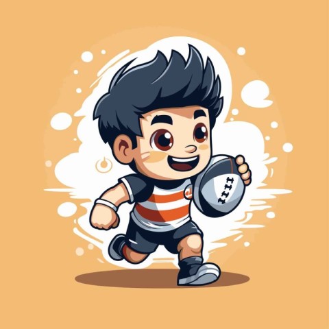 Cute little boy running with rugby ball in hand. Vector illustra