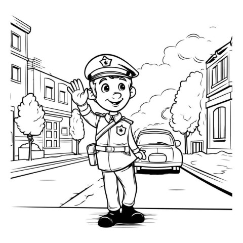 Black and White Cartoon Illustration of Little Boy Police Office