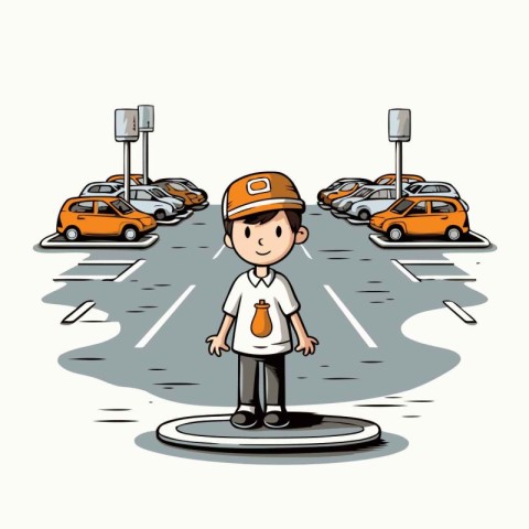 Cartoon man standing on the road with traffic. Vector illustrati