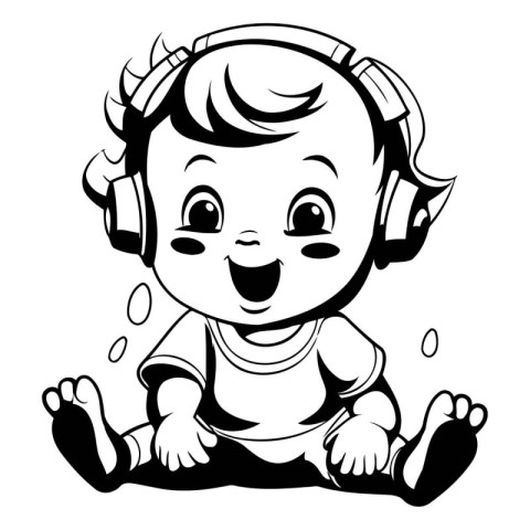 Cute baby boy with headphones - black and white vector illustrat