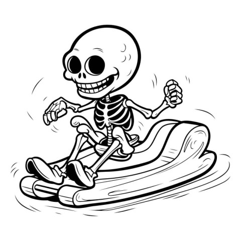 Skull Skateboarding - Black and White Cartoon Illustration. Vect