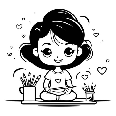 Cute little girl doing homework. Vector illustration in cartoon