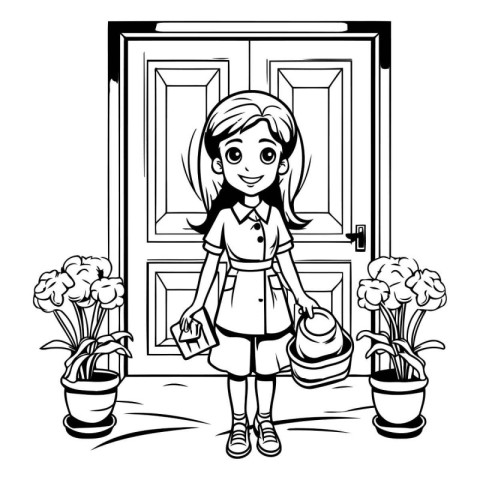 Girl with shopping bag and flower pot cartoon in black and white