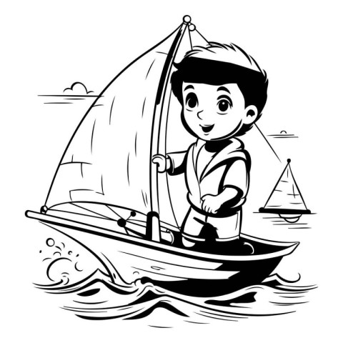 Boy sailing on a sailboat. black and white vector illustration.