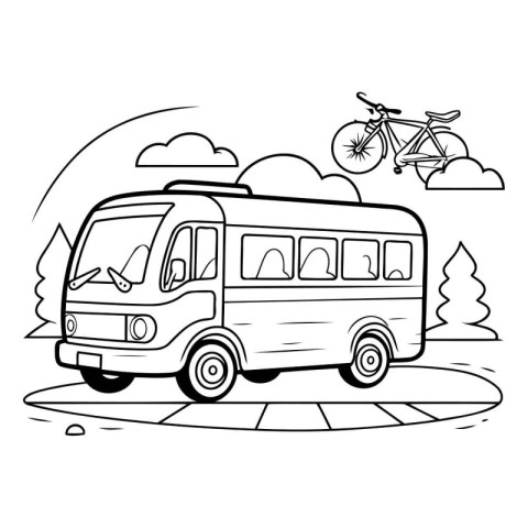 Vector illustration of a camper van with bicycle on the road.