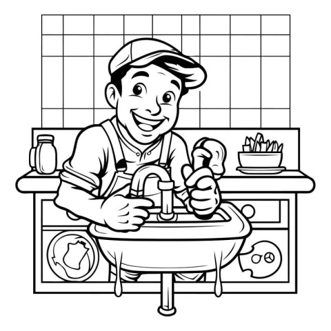 Plumber in the kitchen. Black and white illustration for colorin