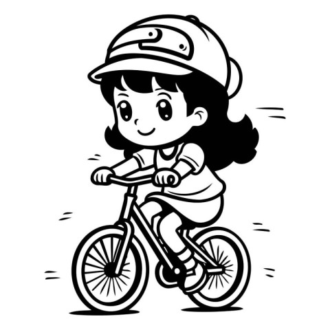 Black and White Cartoon Illustration of Little Girl Riding a Bic