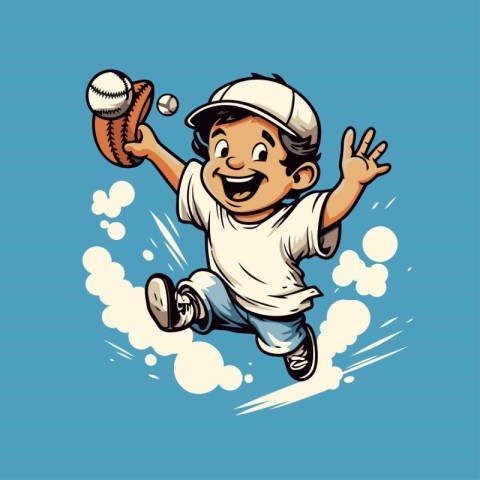 Vector illustration of a boy baseball player jumping and catchin